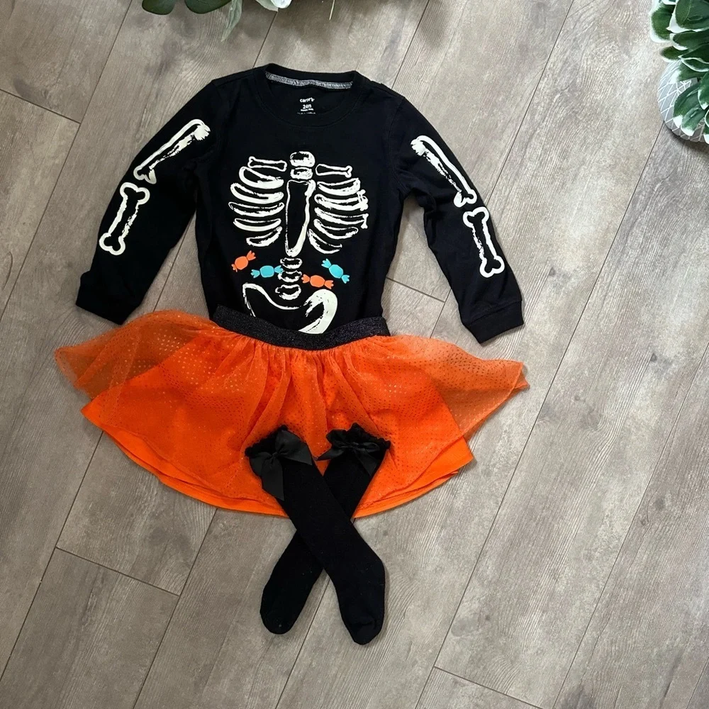 Halloween Glow in the Dark Top, Tutu Skirt, Knee High Socks 3-Piece Outfit Set